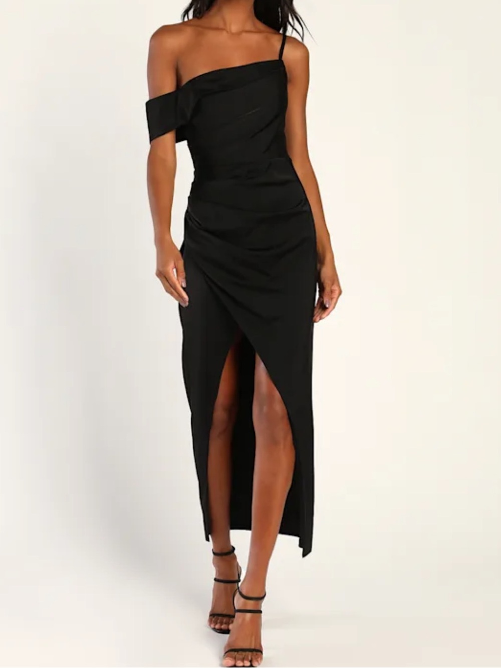 Lulu's Black One-Shoulder Asymmetric Slit Maxi Dress